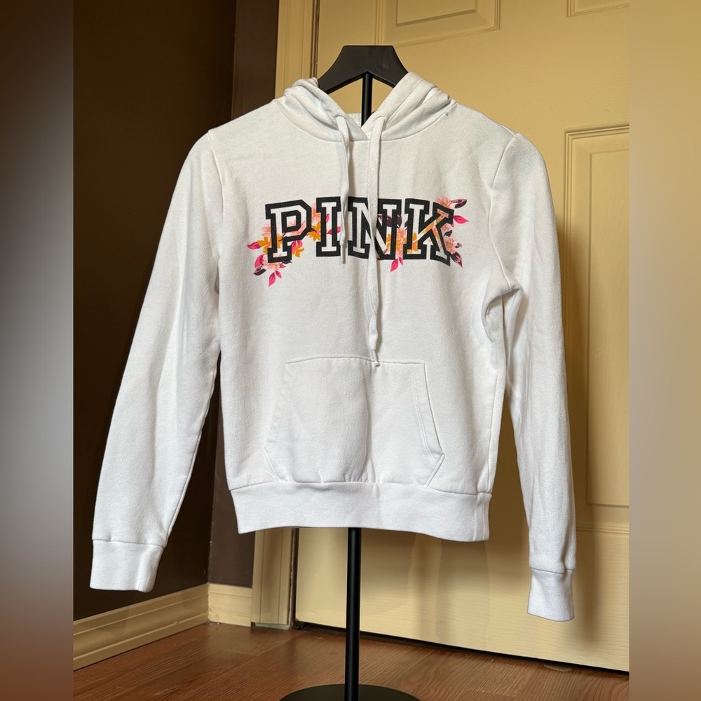 PINK Victoria's Secret White Hoodie with Floral Accents